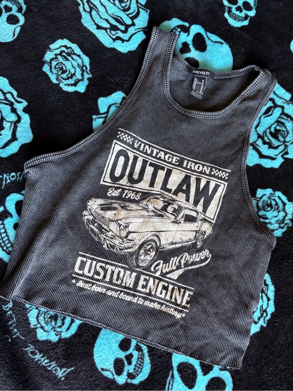 Forever 21 Black Graphic Ribbed Crop Tank - Outlaw Custom Engine